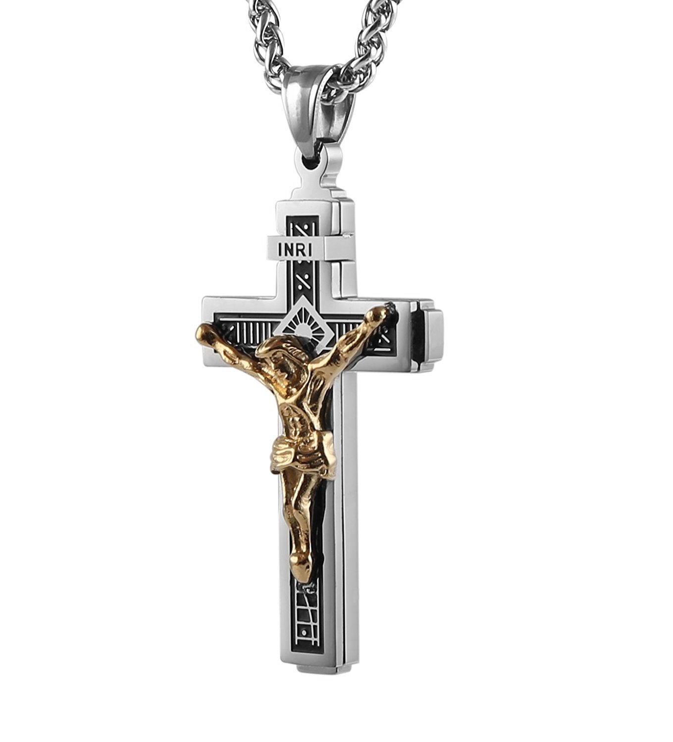 Catholic Jesus Christ on INRI Cross Crucifix Gold Silver Tone stainless steel Pendant Necklace 22+2 Chain (Silver \u0026 Gold)